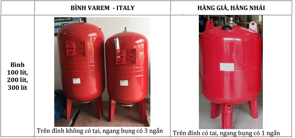 phân biệt bình tích áp varem 100lít -300 lít
